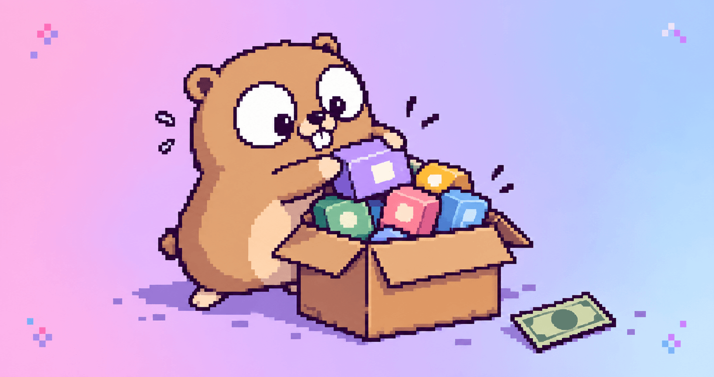 A Go gopher squeezing one more tiny app into a hosting box, with a bill beside it