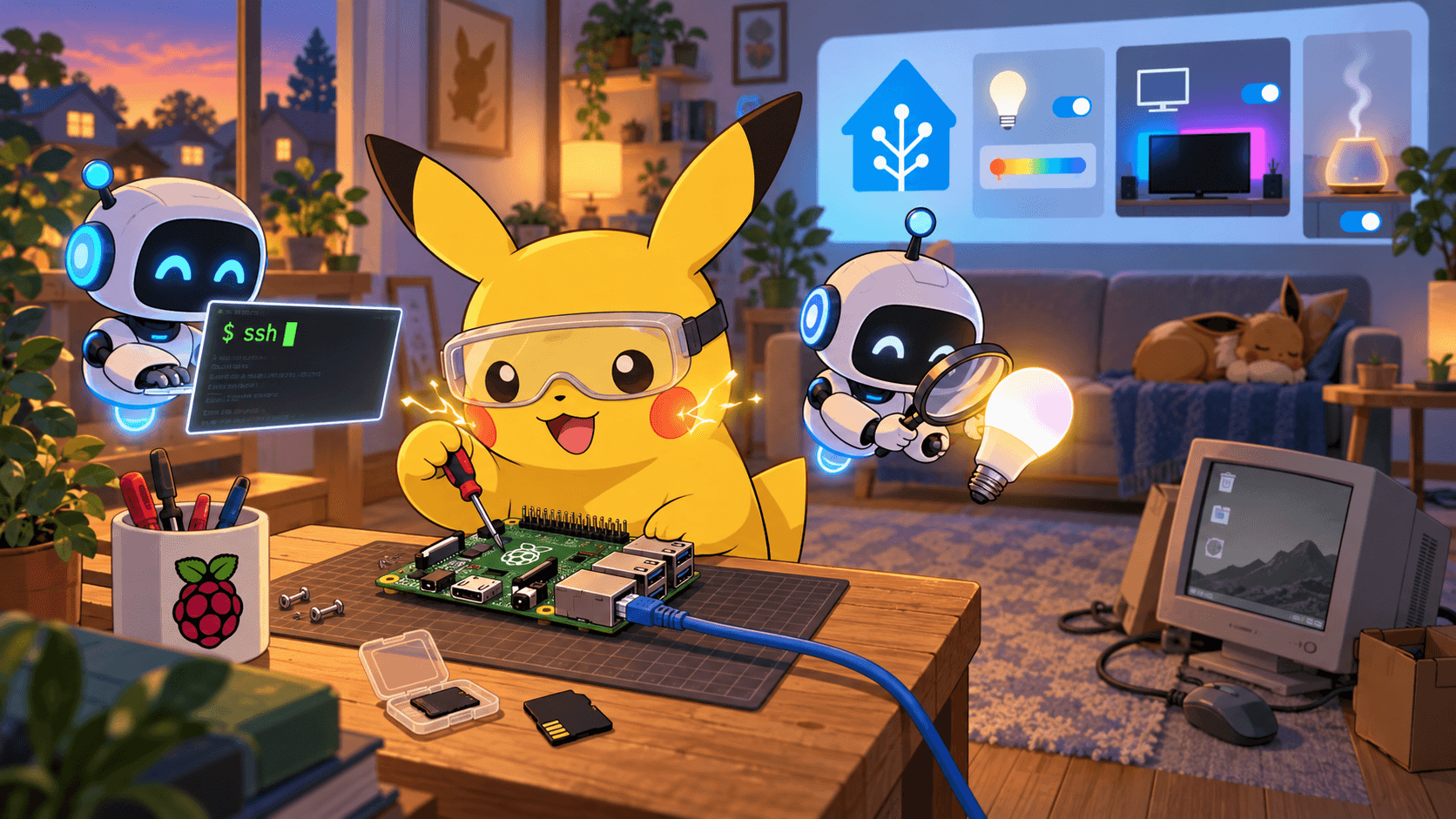 Pikachu in safety goggles tweaking a Raspberry Pi while two small robot agents run SSH and inspect a Bluetooth bulb, with a Home Assistant dashboard in the background
